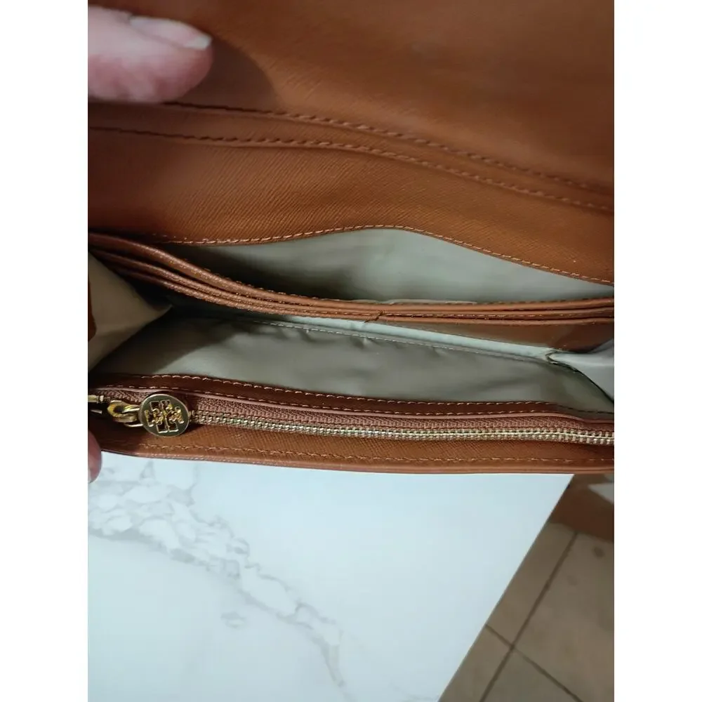 TORY BURCH Robinson Brown Leather Flap Continental Wallet - GUC